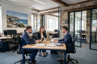 Agents d'assurance bretons travaillant dans un bureau moderne avec décoration inspirée de la Bretagne