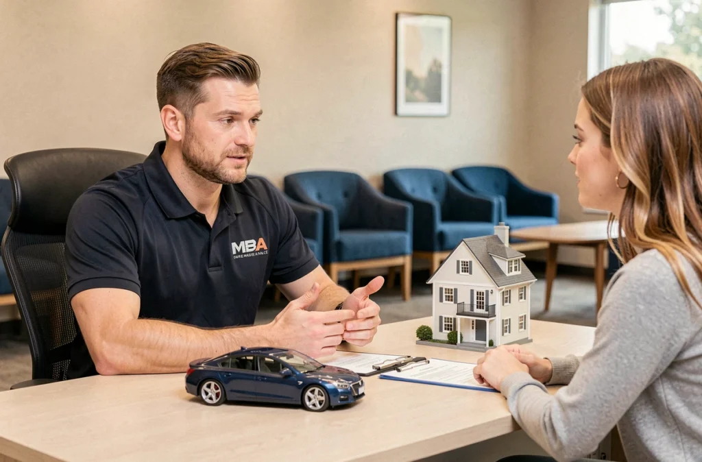 Agent MMA Bretagne présentant des formules d'assurance auto et habitation à des clients dans son agence