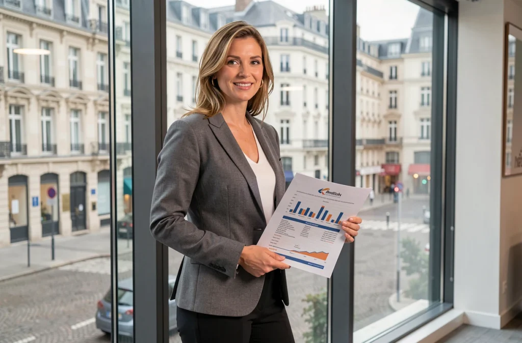 Conseillère en investissement de Montclair présentant un rapport de gestion locative dans un bureau contemporain à Lille