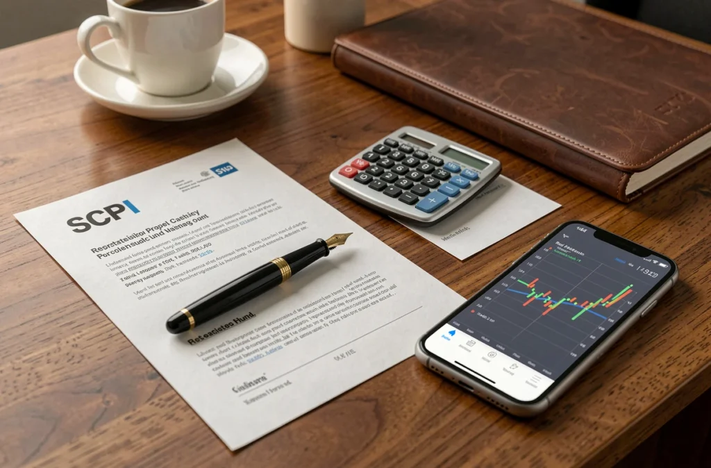 Gros plan sur les outils essentiels pour acheter des parts de SCPI : prospectus, stylo et calculatrice