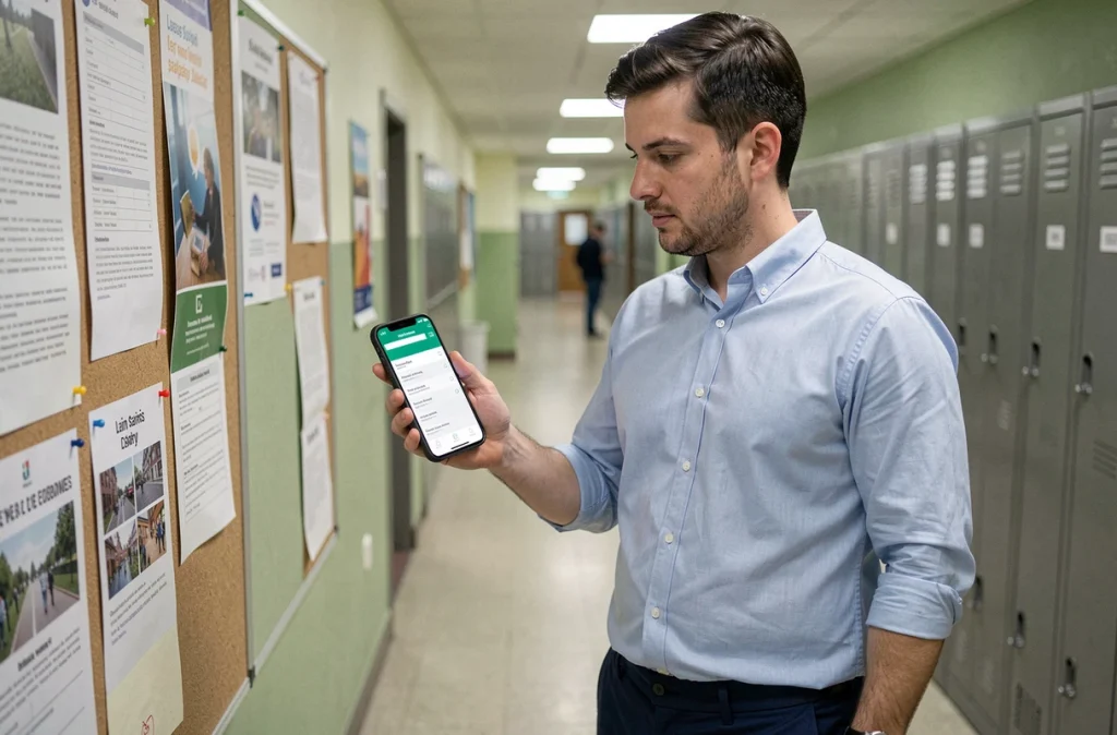 Un jeune professeur consulte une simulation de salaire 2026 sur son smartphone dans un couloir d'école