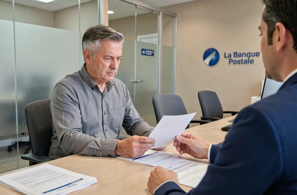 Client en rendez-vous en agence La Banque Postale avec un conseiller bancaire pour un projet financier