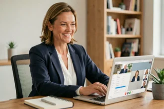 Femme utilisant la visioconférence pour un rendez-vous bancaire La Banque Postale depuis son bureau à domicile