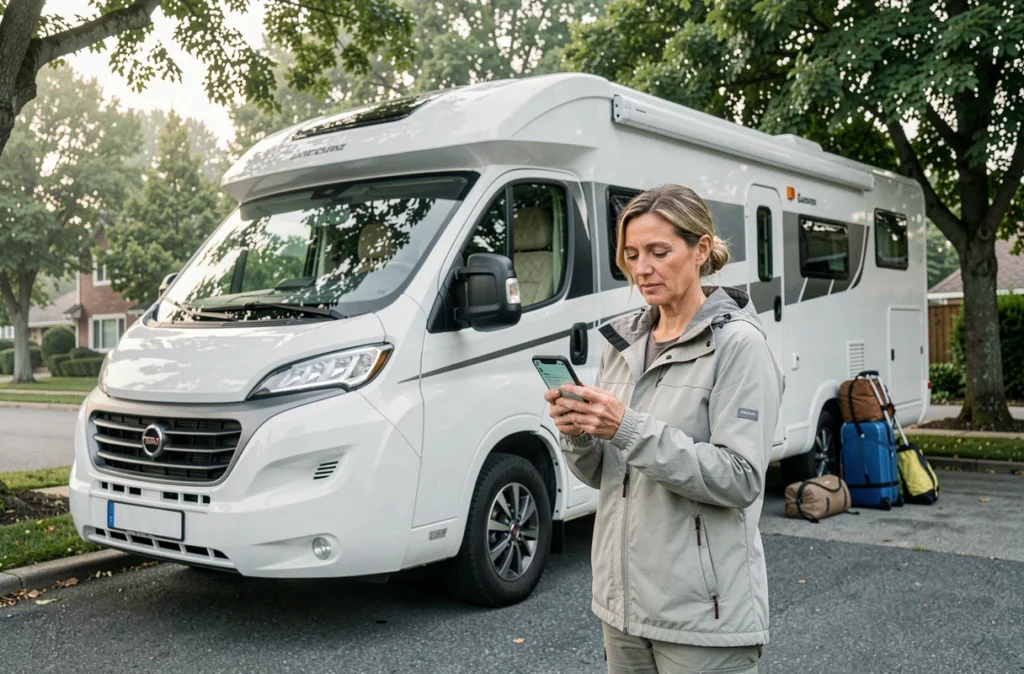 Une femme souscrit une assurance temporaire pour camping-car sur smartphone avant de partir en voyage