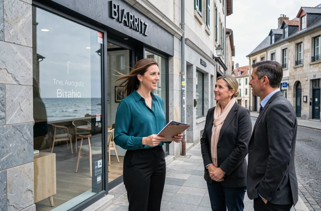 Consultante de Square Habitat Biarritz Europe devant l'agence avec la côte atlantique visible en arrière-plan