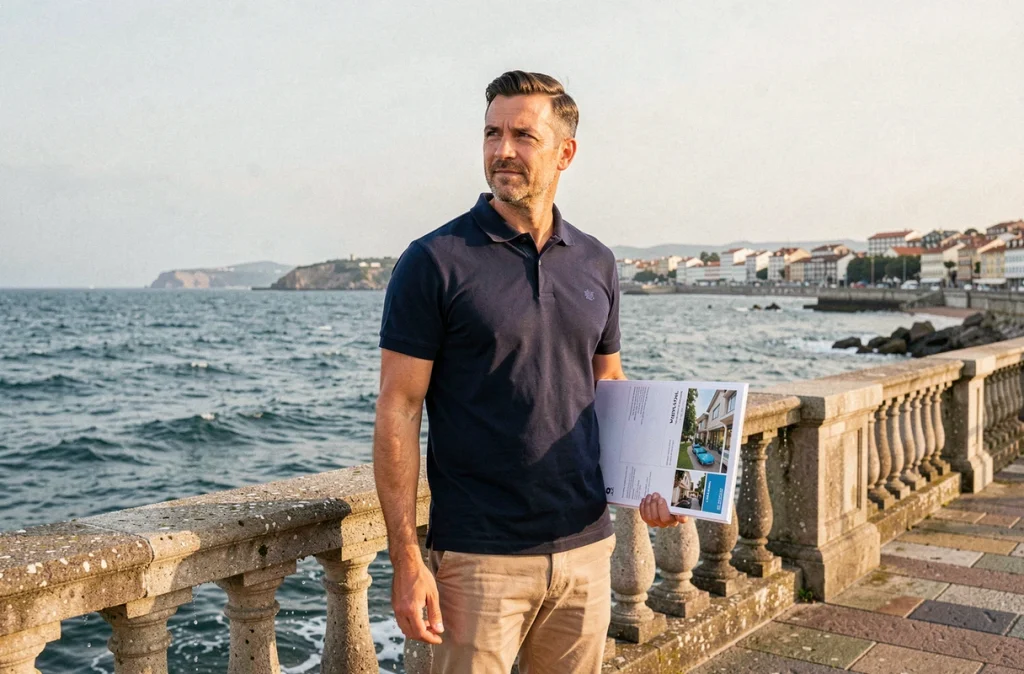 Consultant de Square Habitat Hendaye sur la promenade côtière avec la baie de Txingudi et la frontière espagnole en arrière-plan