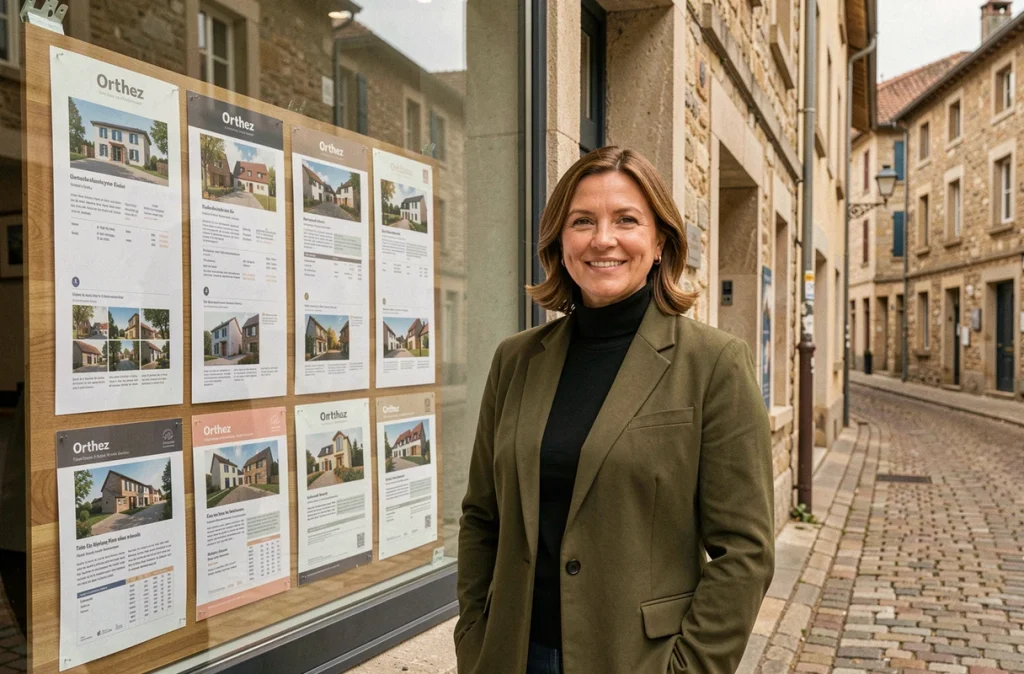 Agente de Square Habitat Orthez devant la vitrine de l'agence avec l'architecture béarnaise d'Orthez en arrière-plan