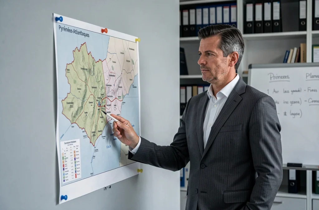 Consultant de TPC Conseil présentant une carte des zones d'investissement locatif dans les Pyrénées-Atlantiques