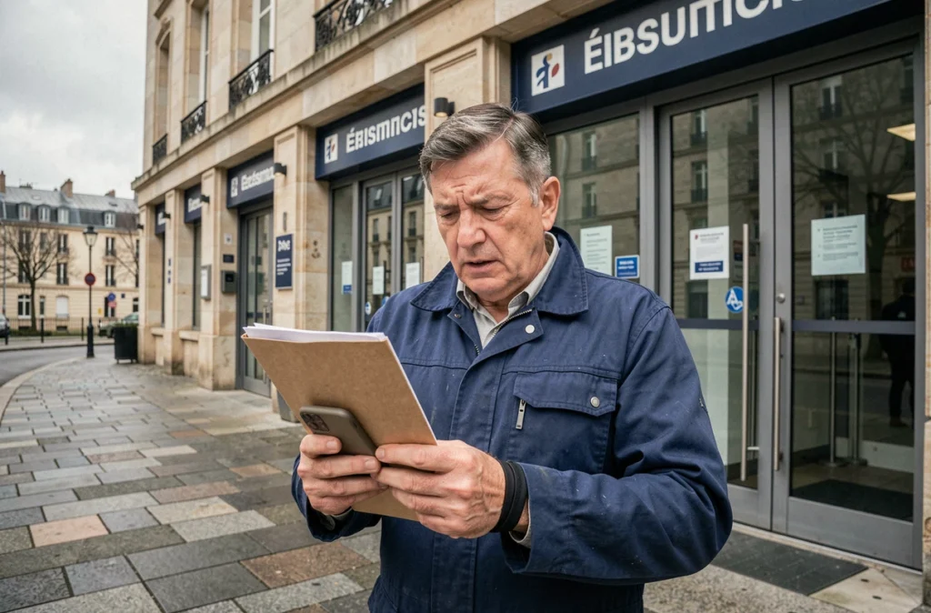 Travailleur accidenté devant un bâtiment administratif avec ses dossiers pour le rachat de rente 2026