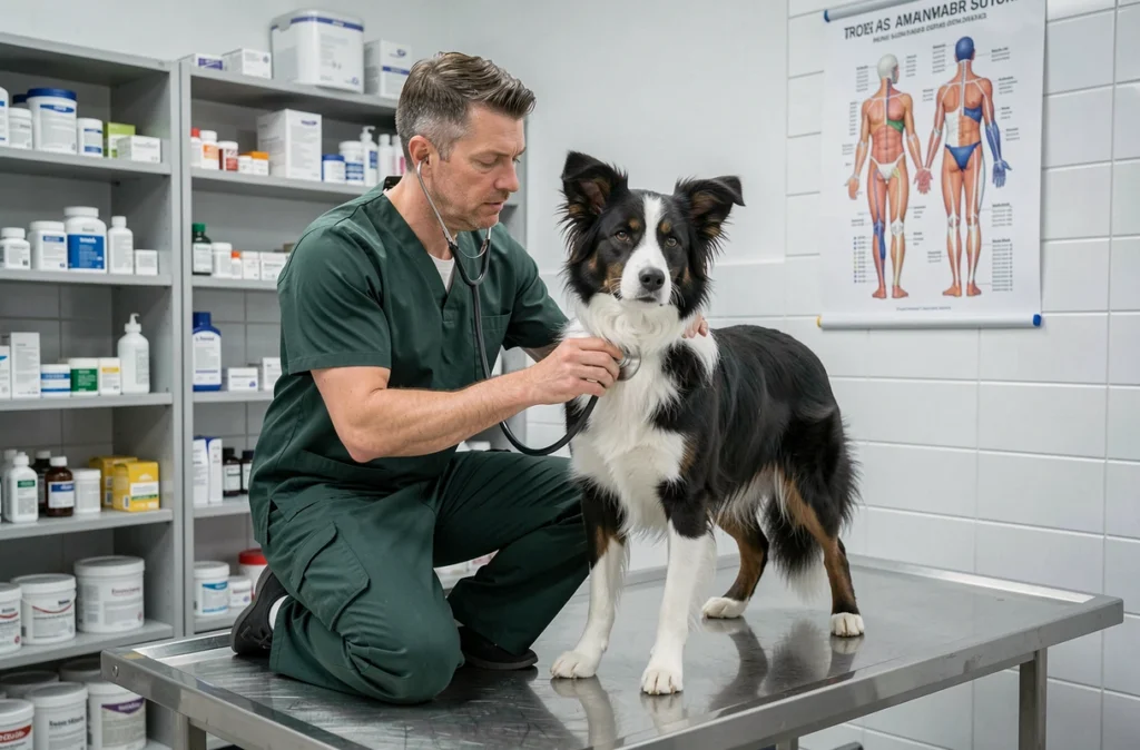 Vétérinaire examinant un border collie en clinique vétérinaire, illustrant les soins couverts par une assurance chien