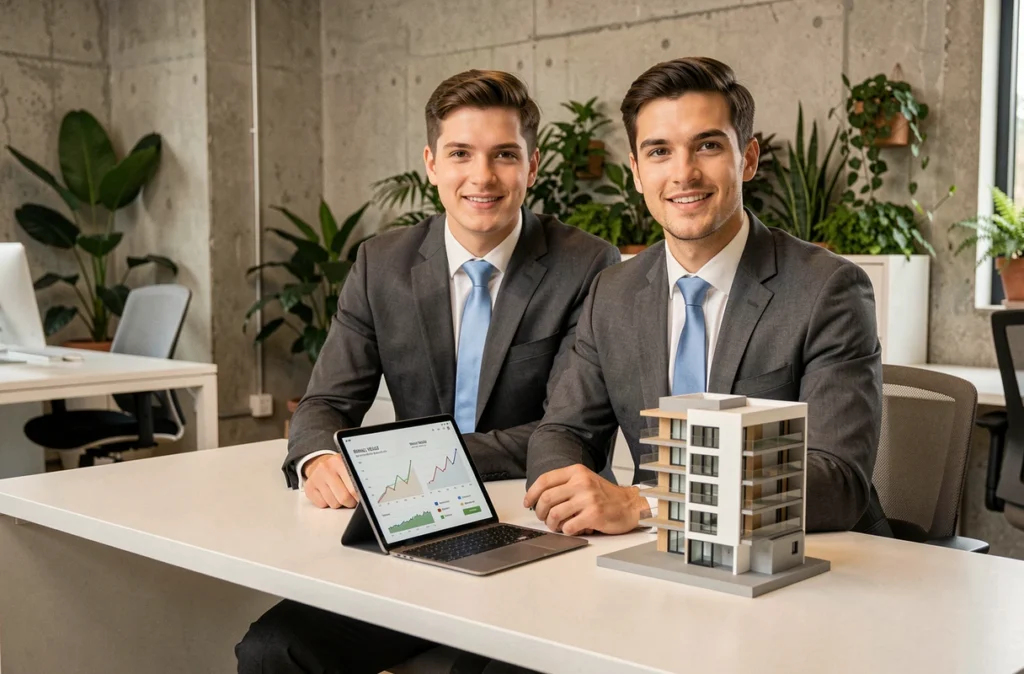 Conseiller Ynspir analysant des rendements locatifs sur tablette dans un espace de travail moderne