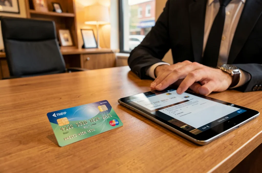 Bureau d'agence bancaire avec une nouvelle carte posée à côté d'une tablette