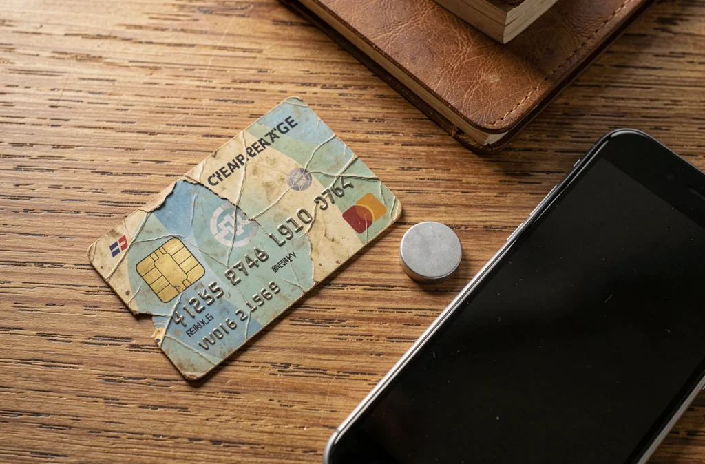 Carte bancaire posée près d'un aimant et d'un smartphone sur un bureau
