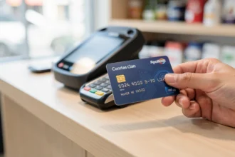 Carte bancaire présentée devant un terminal de paiement en magasin