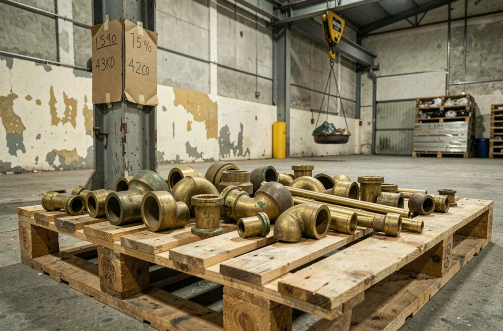 Pièces de laiton en vrac sur palette dans un centre de recyclage des métaux avec affichage du prix au kilo